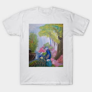 two peacocks in a forest on a log branch T-Shirt